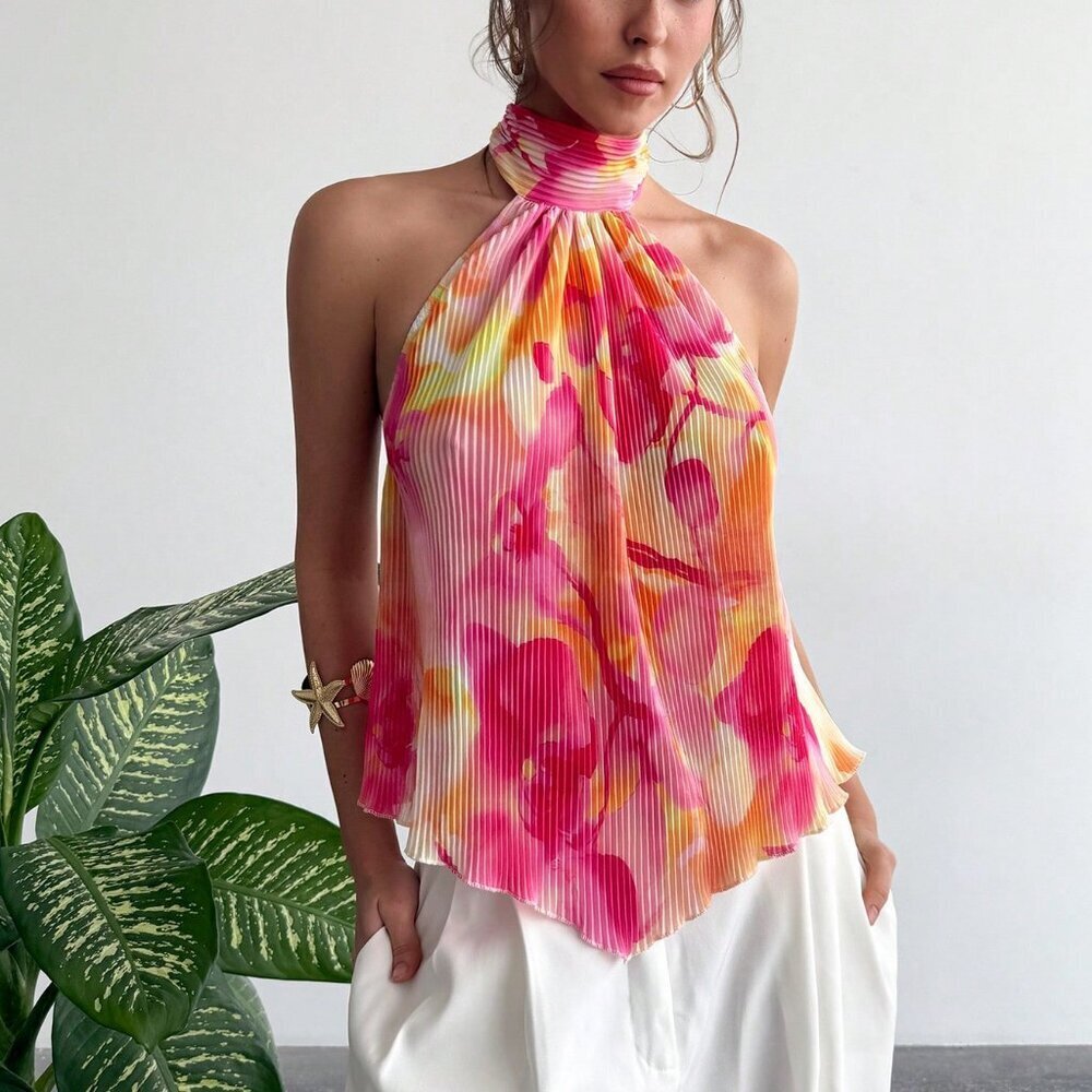 Casual Floral Pleated Halter Neck Women's Blouse - Picture 6 of 9